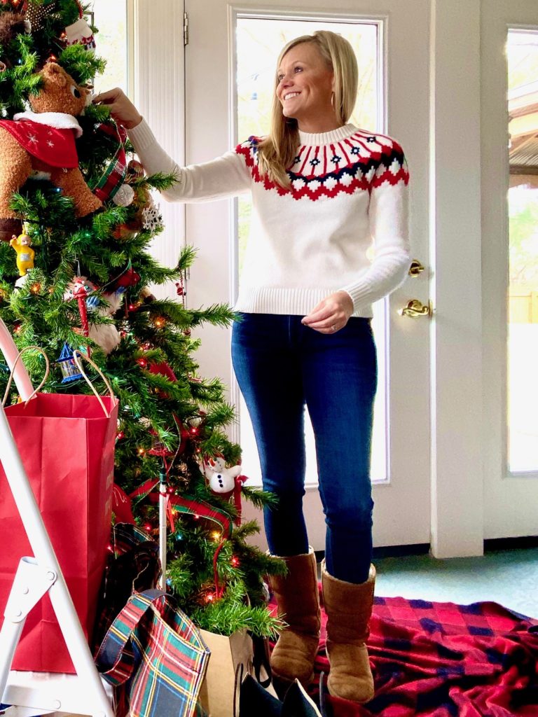 white and red fair isle sweater