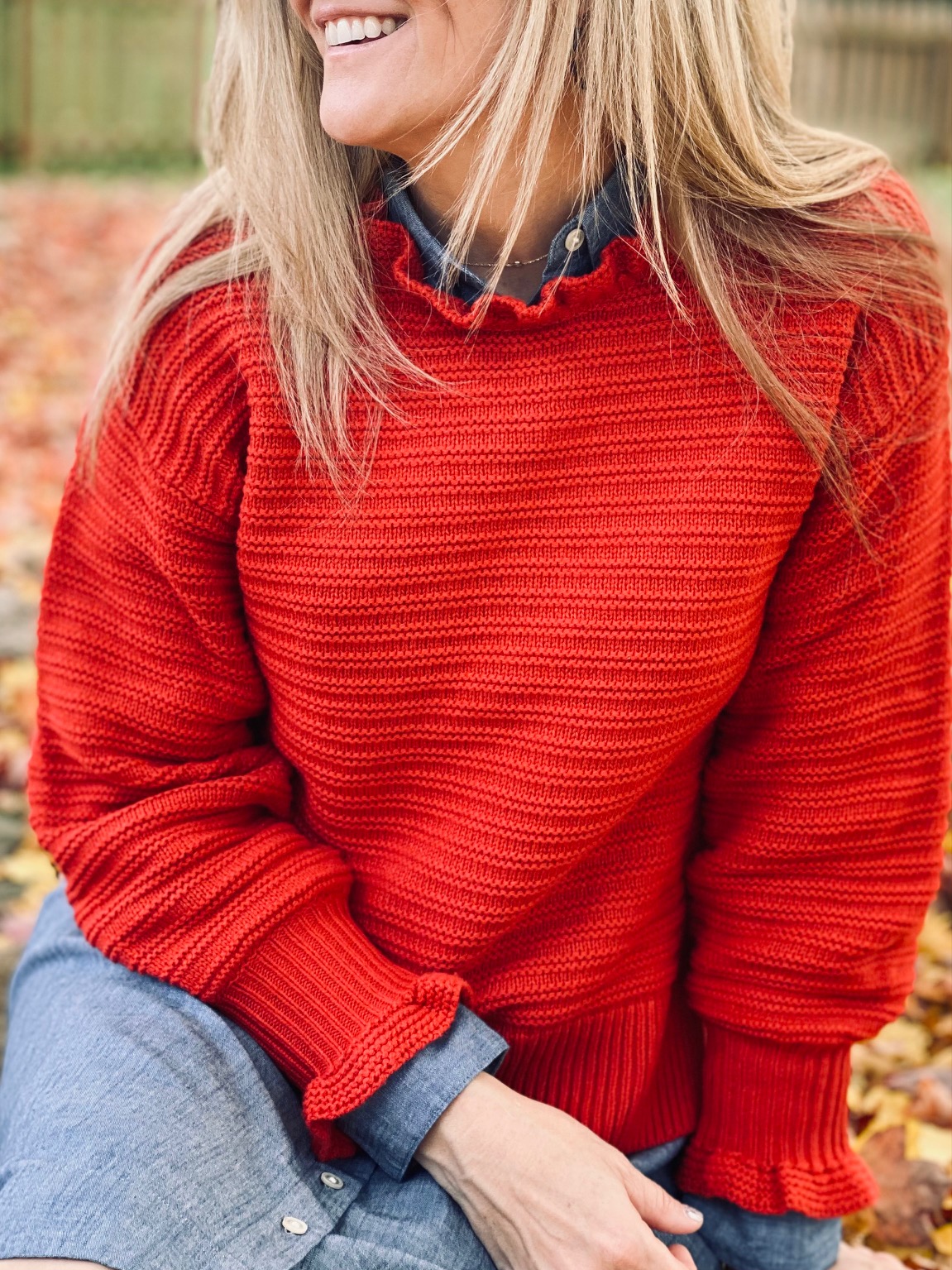Close up picture of madewell ruffleneck sweater