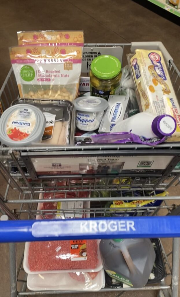 grocery cart full of keto friendly foods